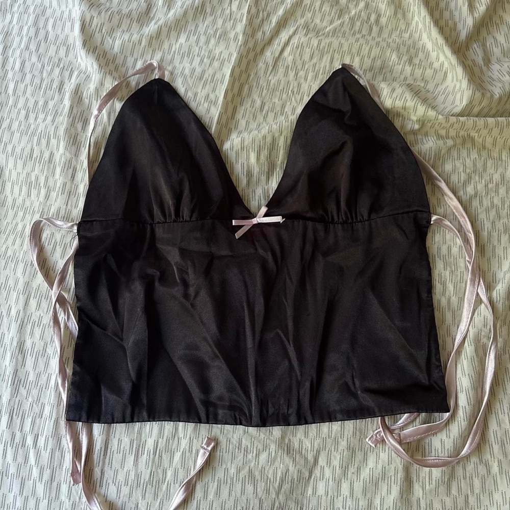 Black Satin Crop Top with Pink Straps